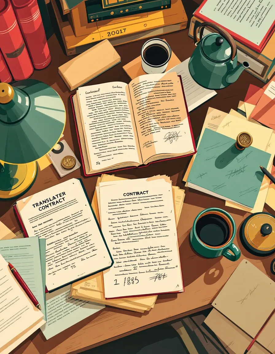 Illustration of the Hallowell & Voss desk: two dictionaries, a marked-up contract, a kettle and a certification stamp